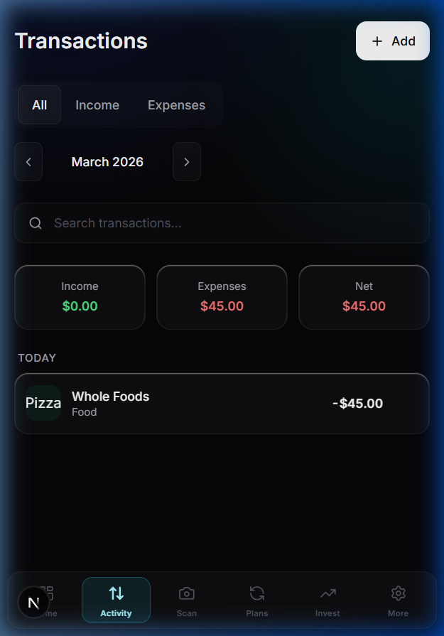 Essara transactions screen